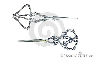 WATERCOLOR ILLUSTRATION OF ANTIQUE SCISSORS. SEWING ACCESSORIES, VINTAGE, RETRO TOOLS. Stock Photo